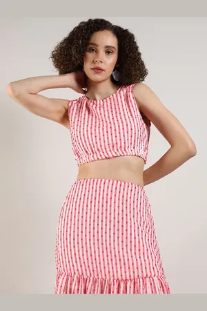 Campus Striped Round Neck Sleeveless Casual Crop Top With Tiered Midi Skirt