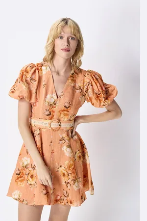 COVER STORY Women Floral Printed V-Neck Puff Sleeve Mini Dress