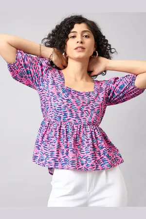 Roadster The Lifestyle Co. Pink Abstract Printed Square Neck Peplum Top