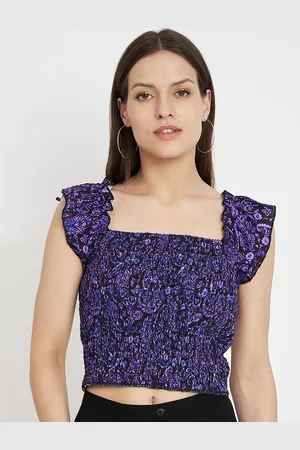 CHARMGAL Floral Print Flutter Sleeve Smocked Crop Top