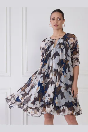 Antheaa Floral Print Keyhole Neck Chiffon Fit & Flare Dress