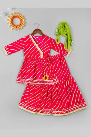 naughty ninos Girls Leheriya Printed Angrakha Pure Cotton Kurta with Sharara & Dupatta