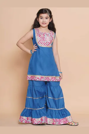 Bhama Girls Floral Yoke Design Straight Gotta Patti Cotton Kurta with Sharara