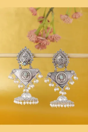 Sangria Silver-Plated Stone-Studded & Beaded Dome Shaped Oxidised Jhumkas