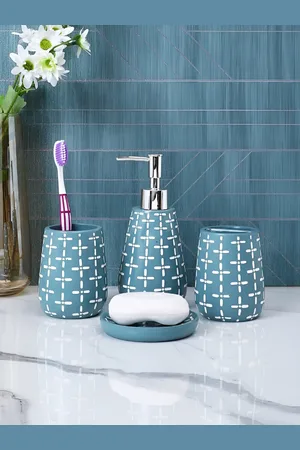 Aura Teal & White 4 piece Geometric Resin Bath Accessories Set