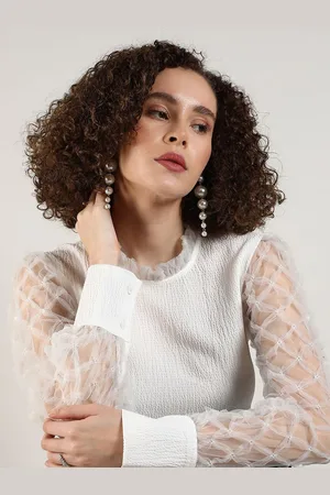 Campus Self Design Textured High Neck Cuffed Sleeves Semi Sheer Casual Top