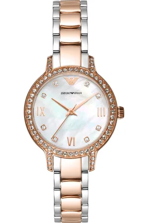 Emporio Armani Embellished Mother of Pearl Dial & Two Tone Straps Analogue Watch AR11499