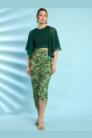 Antheaa Green Flared Sleeves Smocked Crop Top With Skirt