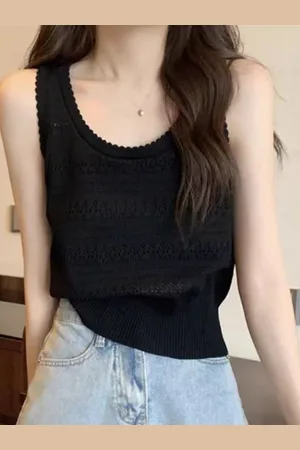 Stylecast Girls Black Self Design Round Neck Sleeveless Top