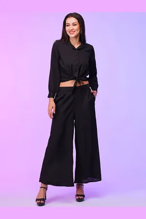 Globus Front Lapel Collar Tie Up Crop Top With Palazzos