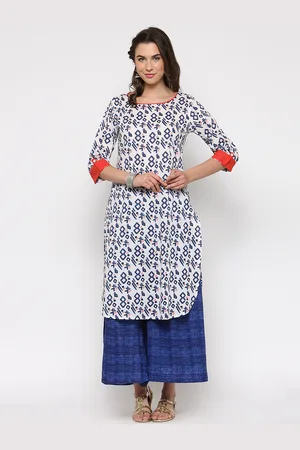 Sera Women White & Blue Printed Kurta with Palazzos