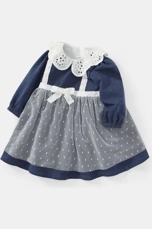 Stylecast Girls Navy Blue Self Design Schiflli Peter Pan Collar Maxi A-Line Dress