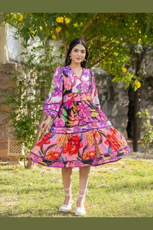 Ambraee Floral Printed Puff Sleeves Cotton Fit & Flare Dress
