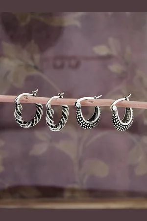 ATIBELLE Set of 2 Silver-Plated Contemporary Oxidised Hoop Earrings
