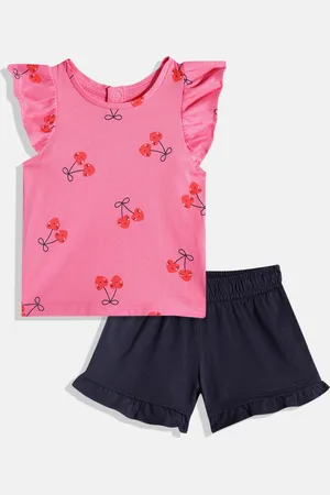 Mothercare Girls Conversational Print Knitted Ruffles Pure Cotton Top with Shorts