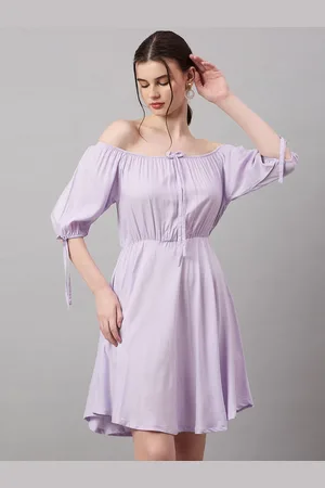 Roadster The Lifestyle Co. Lavender Off Shoulder Puff Sleeves Fit & Flare Mini Dress