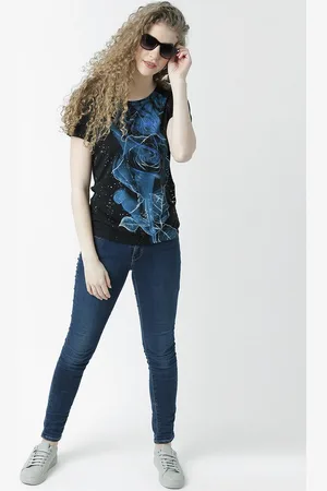 Huetrap Women Black Printed Round Neck T-shirt