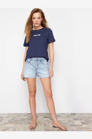 Trendyol Women Mid-Rise Washed Ripped Denim Shorts