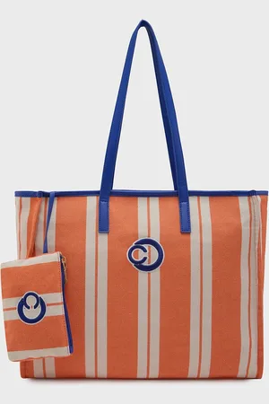 Caprese Striped Structured Canvas Tote Bag with Pouch