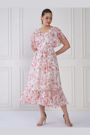 Antheaa Women Floral Print Flared Sleeve Layered Fit & Flare Midi Dress