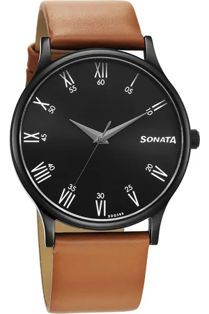 Sonata Men Brass Dial & Leather Straps Analogue Watch 77105NL13W