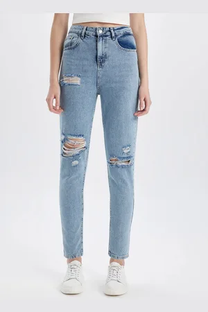 DeFacto Women Mid Rise Mildly Distressed Pure Cotton Jeans