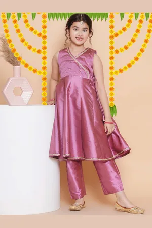 Bhama Girls Self Design V-Neck Angrakha Gotta Patti Anarkali Kurta with Trousers