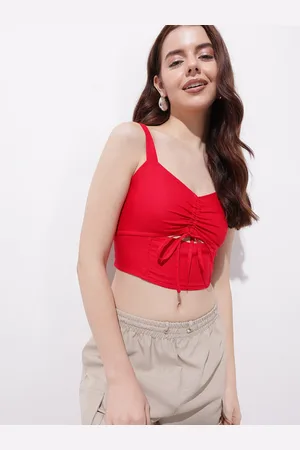 DressBerry Cherry Red Ruched Flirty Chicness Crop Corset Top