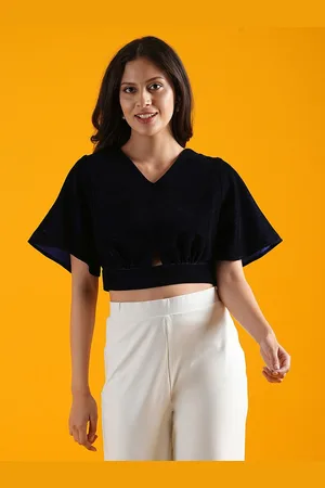 Globus Navy Blue V-Neck Kimono Sleeves Cut Out Detailed Crop Top
