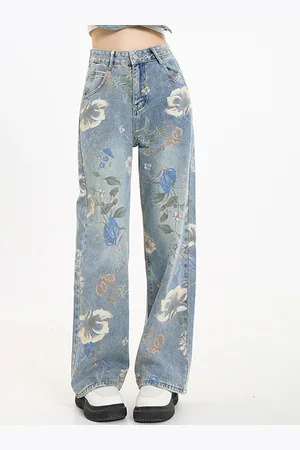 LULU & SKY Women Straight Fit Floral Printed Light Fade High-Rise Jeans