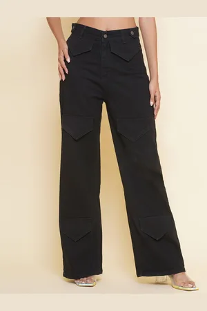 BAESD Women Clean Look No Fade Dark Shade Straight Fit High Waist Denim Cargo Jeans