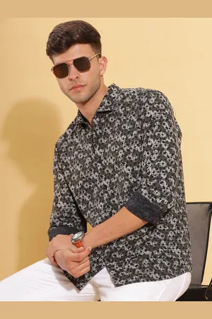 HERE&NOW Slim Fit Floral Printed Spread Collar Long Sleeves Cotton Casual Shirt