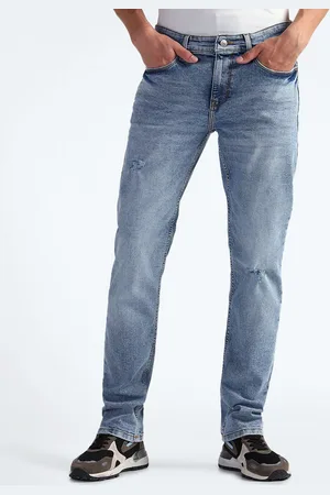 Flying Machine Men Straight Fit Mildly Distressed Heavy Fade Stretchable Jeans