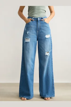 FREAKINS Women Blue Wide Leg High-Rise Light Fade Mildly Distressed Ripped Cotton Jeans