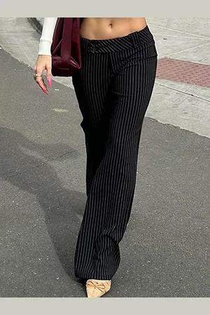 LULU & SKY Women Black Striped Low-Rise Bootcut Trousers