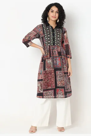 Ethnicity Geometric Printed Mandarin Collar A-Line Sequinned Kurta