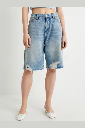 Koton Women Relaxed Fit Washed Distressed Cotton Denim Shorts