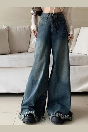 LULU & SKY Women Wide Leg High-Rise Light Fade Frayed Jeans
