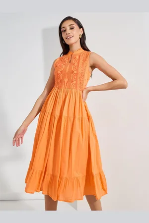 Styli Orange-Coloured Floral Embroidered Keyhole Neck Tiered Pure Cotton A-Line Midi Dress