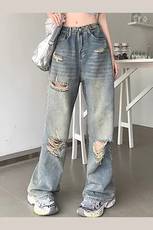 LULU & SKY Women Straight Fit Highly Distressed Heavy Fade Jeans