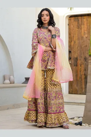 Divena World Floral Printed Bell Sleeves Gotta Patti Pure Cotton Kurti with Palazzos & Dupatta