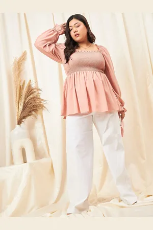 Berrylush Plus Size Pink Square Neck Puff Sleeve Crepe Peplum Top