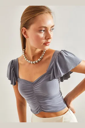 Bianco Lucci Sweetheart Neck Flutter Sleeve Gathered Detailing Crop Top