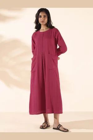 trueBrowns Round Neck A-Line Pure Cotton Dobby Midi Ethnic Dress