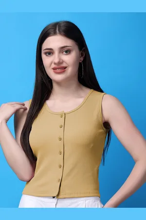 Bitterlime Round Neck Sleeveless Solid Cotton Crop Top