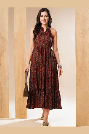 Globus Women Maroon Halter Neck Allover Floral Print Tiered Fit & Flare Fusion Maxi Dress