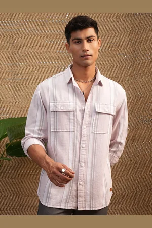 LocoMotive Premium Men Mocklino Textured Striped Utility Pocket Relaxed Shirt