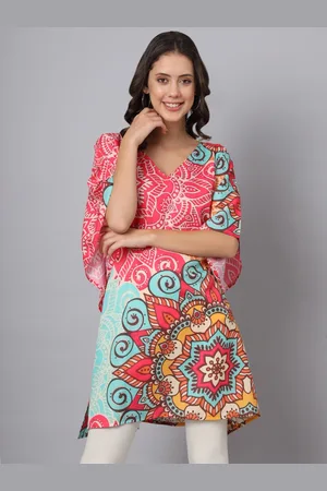 Color Cocktail Ethnic Print V-Neck Kimono Sleeve Kaftan Longline Top
