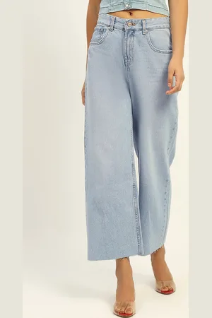 MADAME Women Wide Leg Mid-Rise Heavy Fade Clean Look Pure Cotton Cropped Jeans