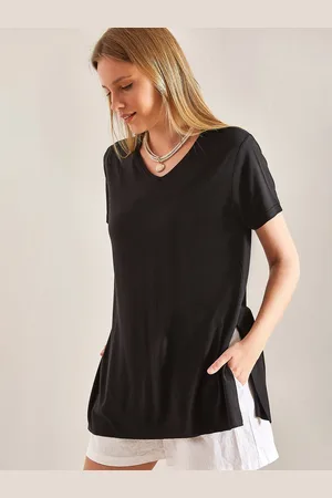 Bianco Lucci V-Neck Short Sleeves Longline T-shirt